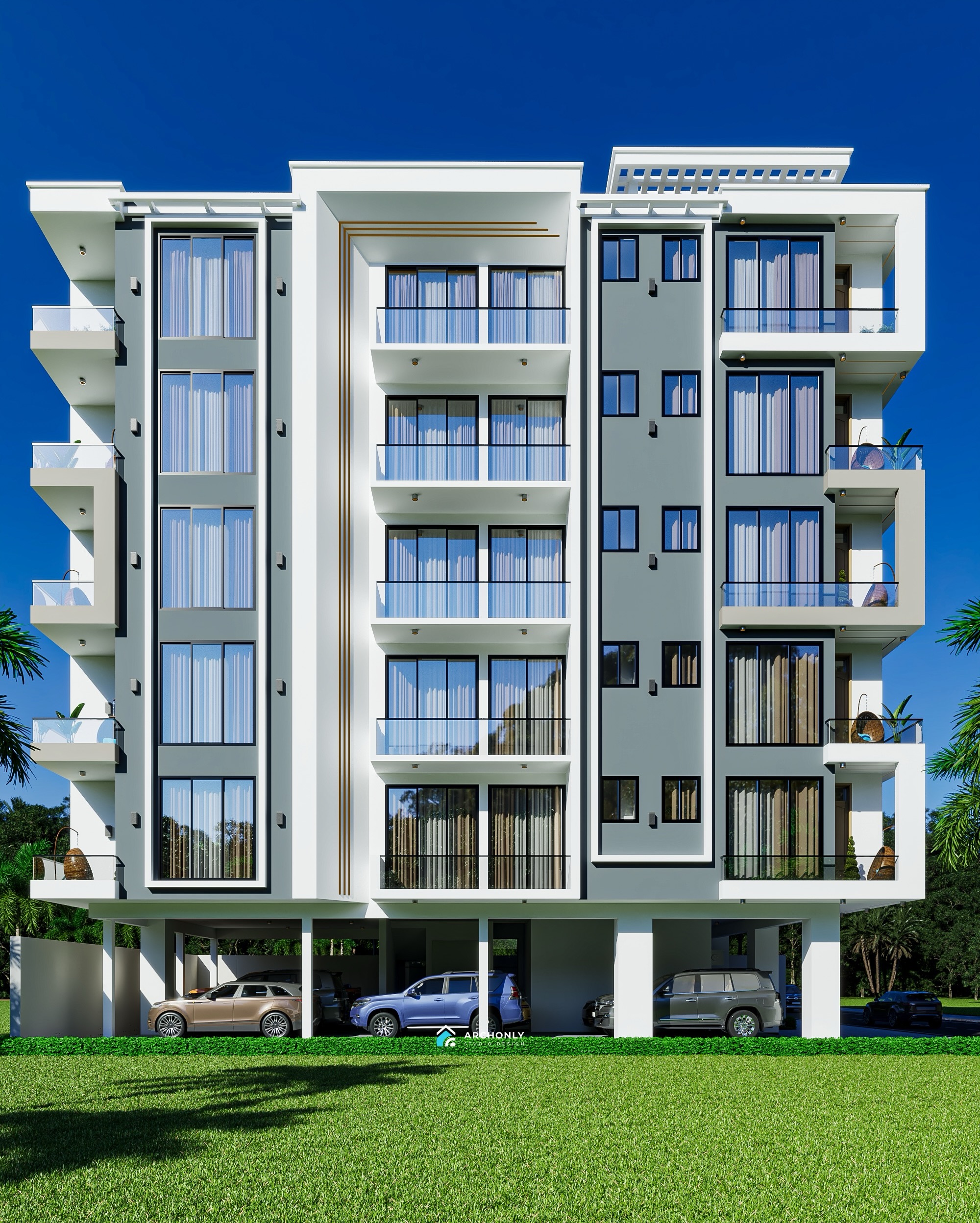 Contemporary multi-storey apartment design with balconies and landscaped grounds