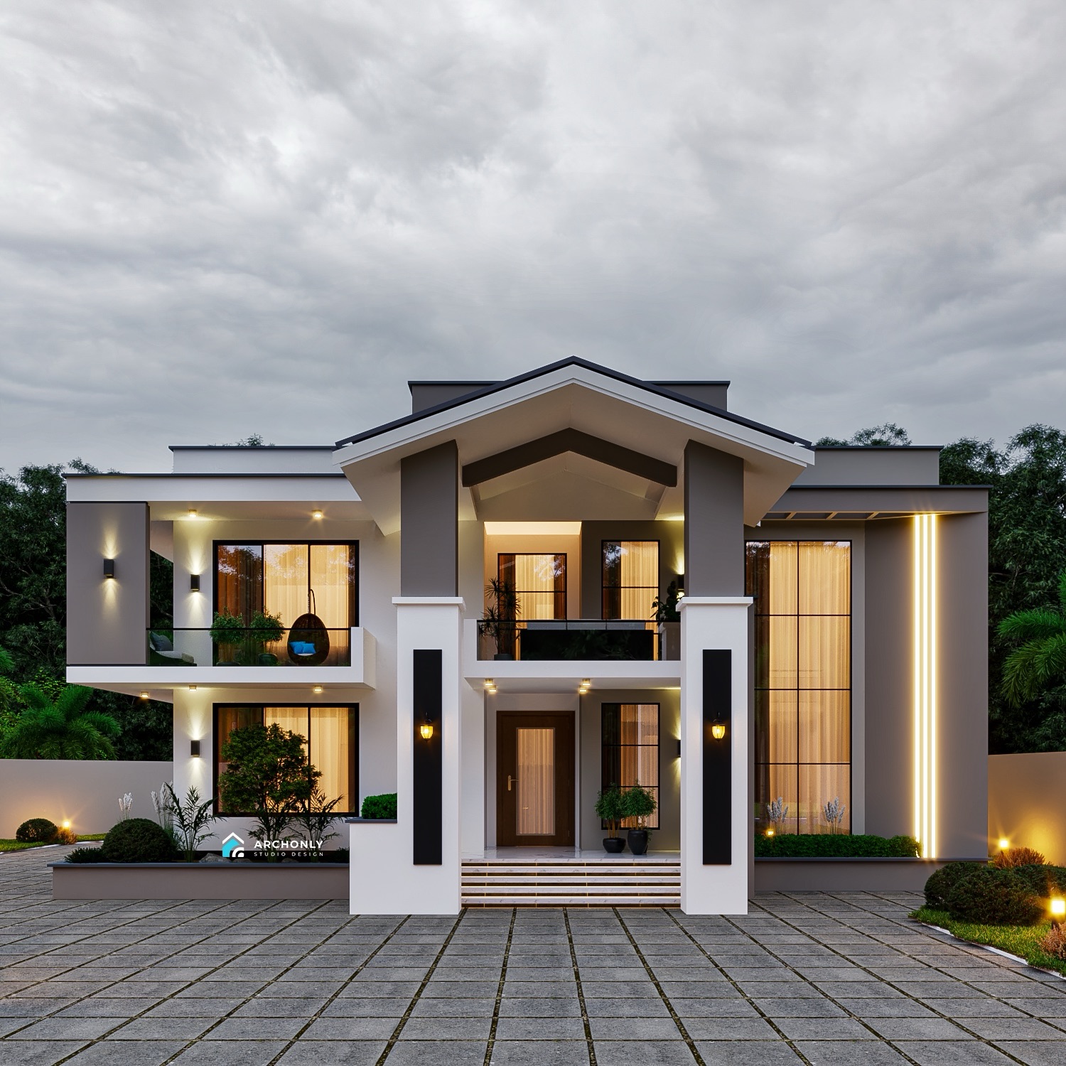 Modern five-bedroom home design with a broad roofline, balcony and generous windows
